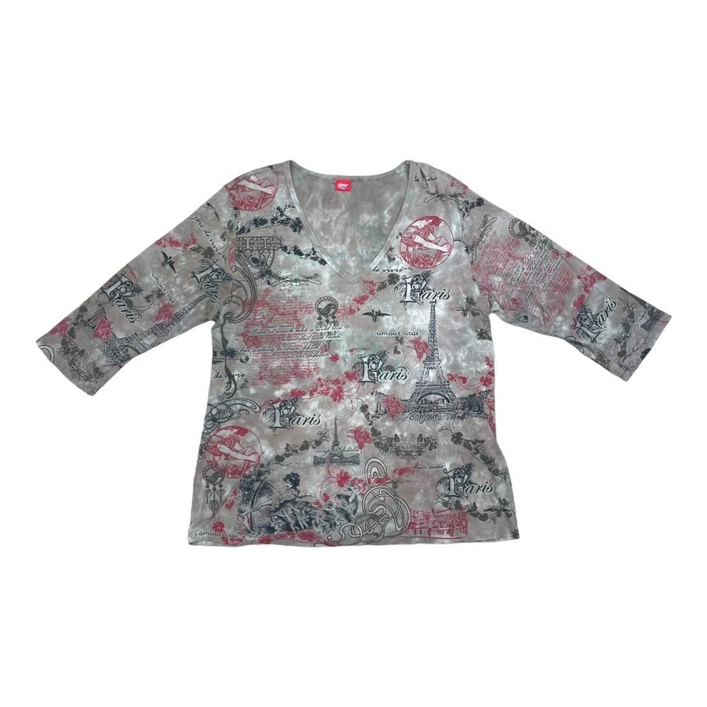 Glima Women Tshirt Y2K Top USA Vintage Size 2X Paris Graphic Gray 3/4 sleeve